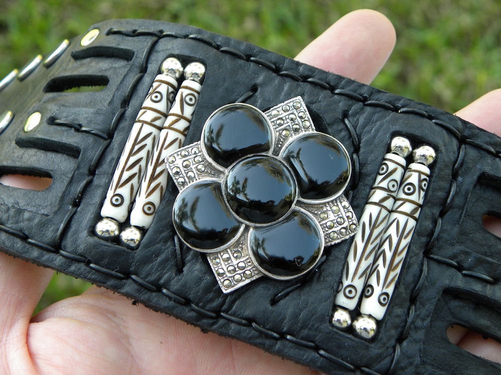 Buffalo leather cuff bracelet Vintage Sterling Silver - Black Onyx & Marcasite