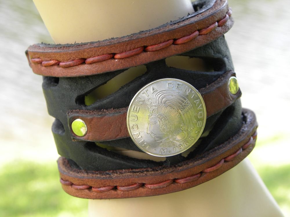 Customize 2 inch Bracelet cuff Genuine Bison Leather Aztec king coin handmade