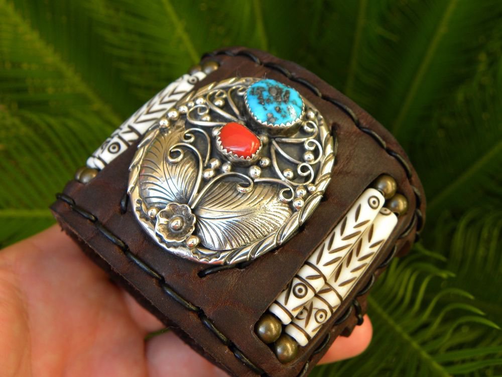 Ketoh Genuine Buffalo leather cuff Bracelet VINTAGE STERLING SILVER TURQUOISE