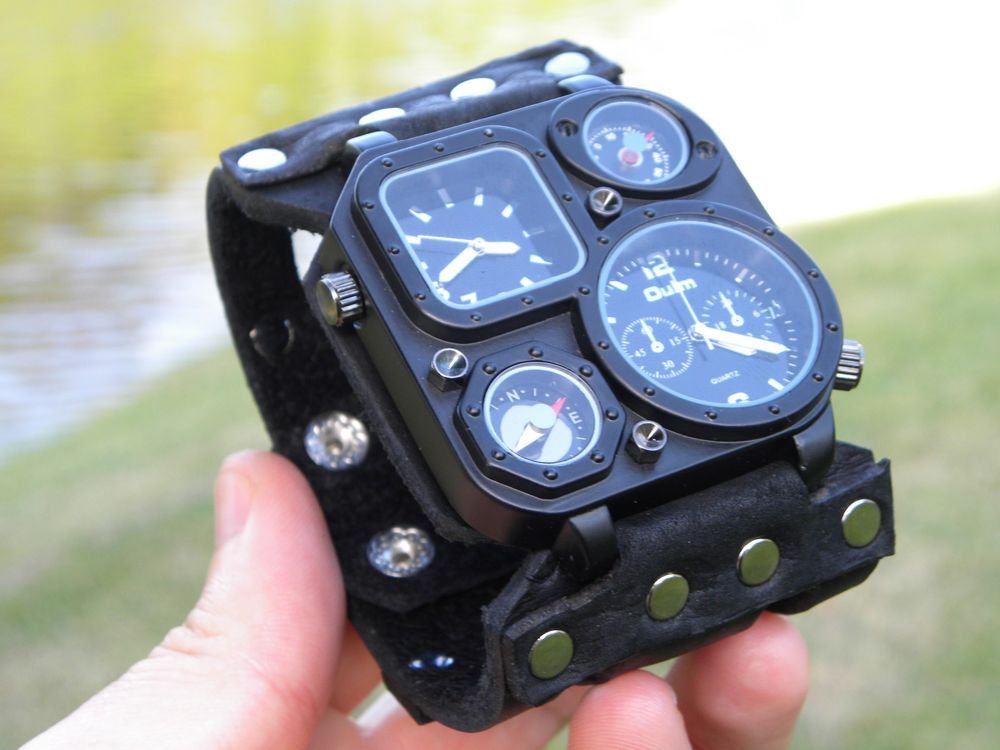 Compass thermometer watch handmade cuff bracelet genuine black Buffalo Leather