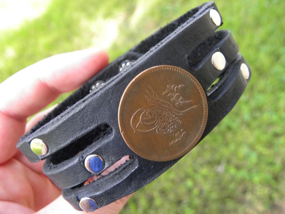 Vintage Signed Desiger Bracelet Buffalo Leather real 1839 Ottoman Empire Coin