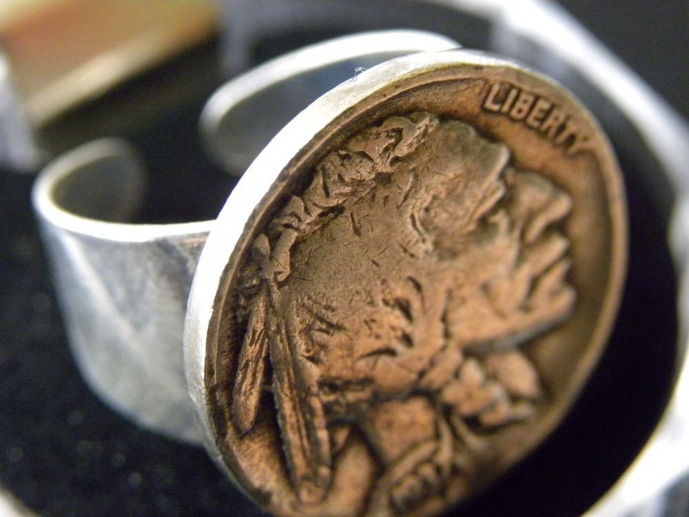 Buffalo Indian Nickel coin handmade adjustable Indian style silver plated ring