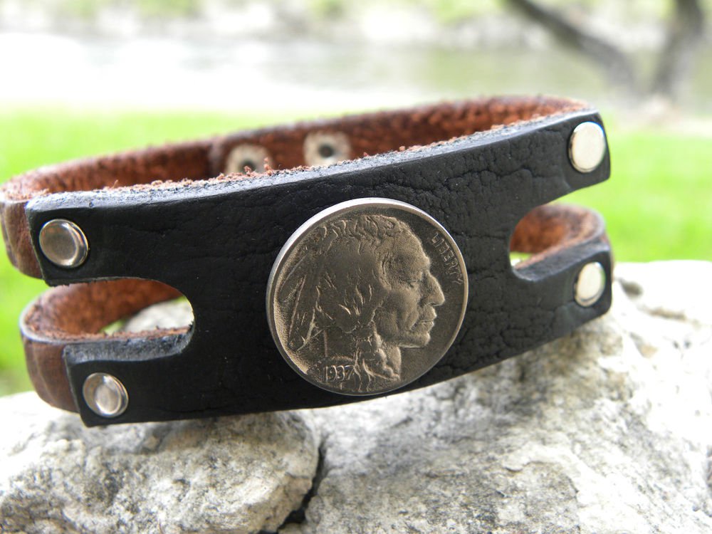 Handmade leather cuff Bracelet Genuine Buffalo Leather Real Indian Head Nickel