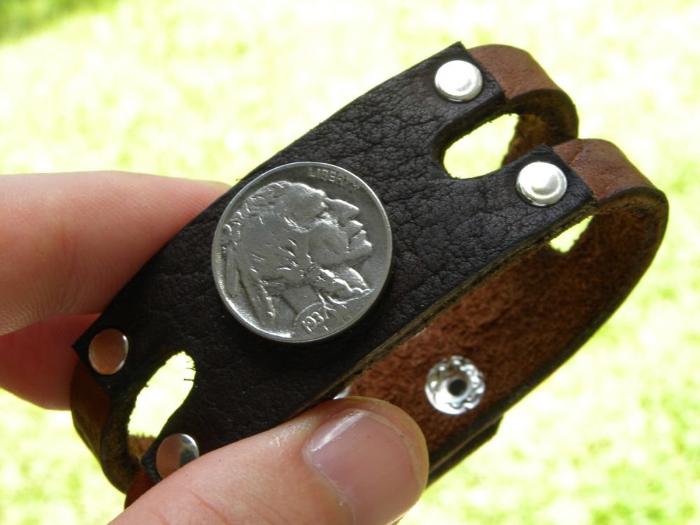 Handmade Authentic Buffalo Leather cuff wristband Indian Head Nickel Bracelet