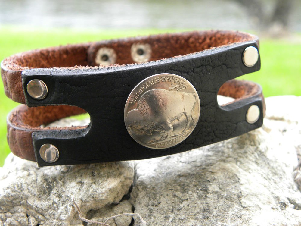 Handmade cuff Bracelet wristband Buffalo Leather, Buffalo Indian Head coin mg