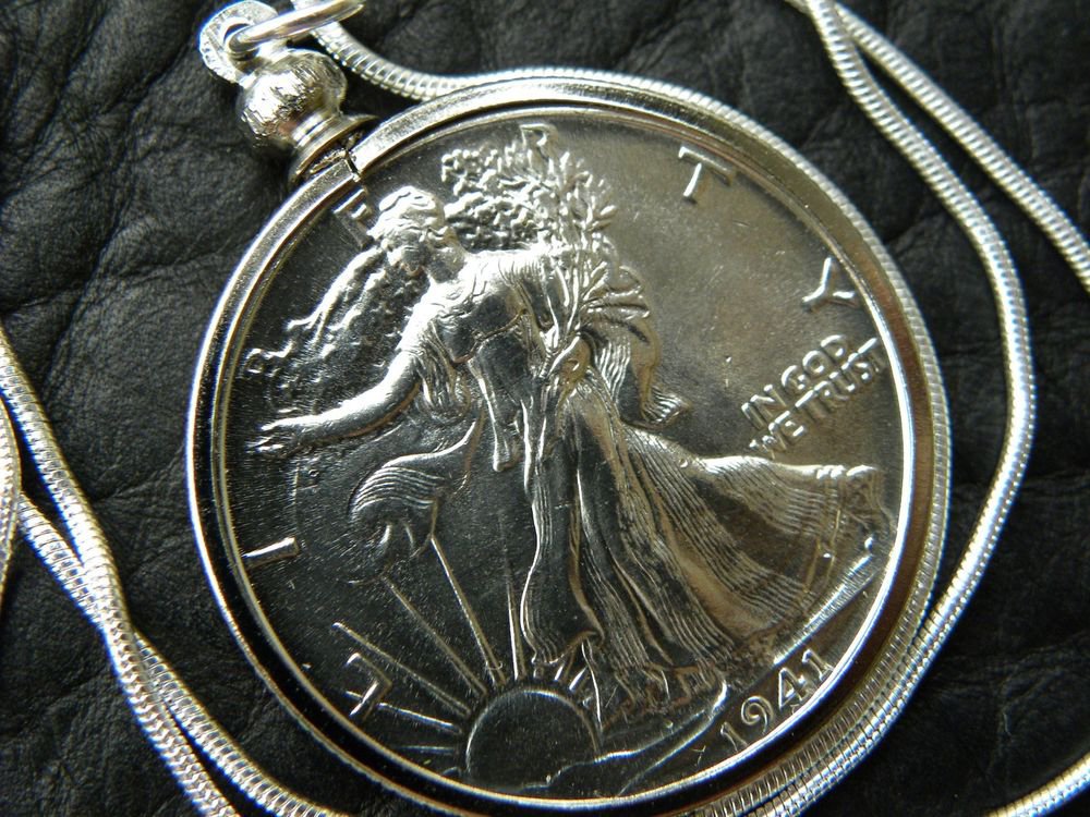 1941 Vintage VF Walking Liberty Half dollar silver FULL FACE necklace pendant
