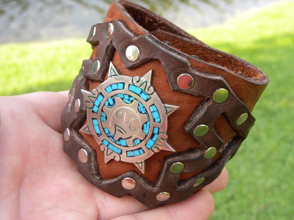 Authentic Leather cuff Bracelet Turquoise silver 925 sign Aztec calendar style