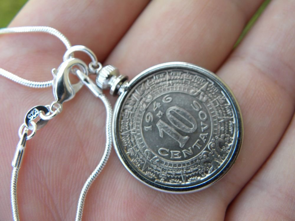 Vintage 10 Centavos Aztec calendar coin Mexican necklace or/and earring or set
