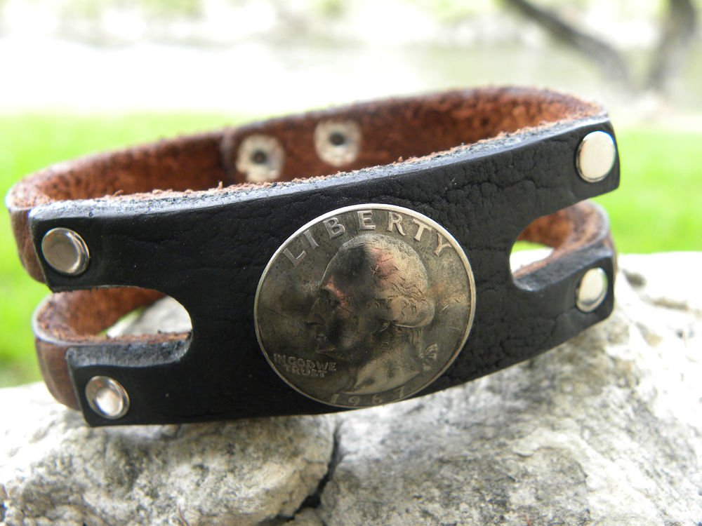Customize signed Bracelet Genuine Buffalo Leather USA 1967 Liberty 25 cents