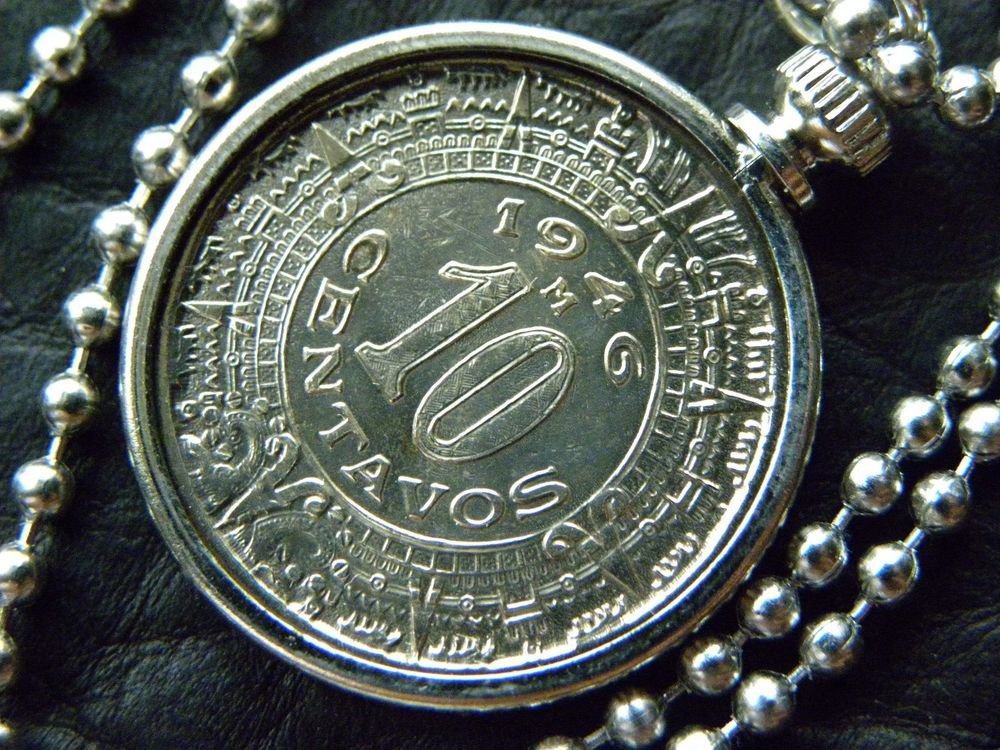 Vintage Aztec Calendar Mexican coin 10 centavos handmade necklace stainless