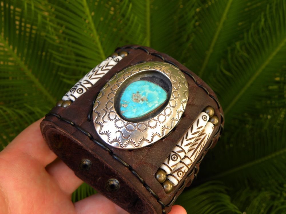 Buffalo Leather Bracelet Turquoise signed Navajo sterling silver Native Indian
