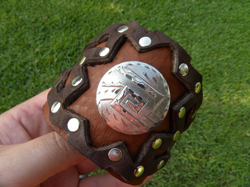 Buffalo Leather cuff Bracelet wristband silver 925 signed Aztec style Mexican