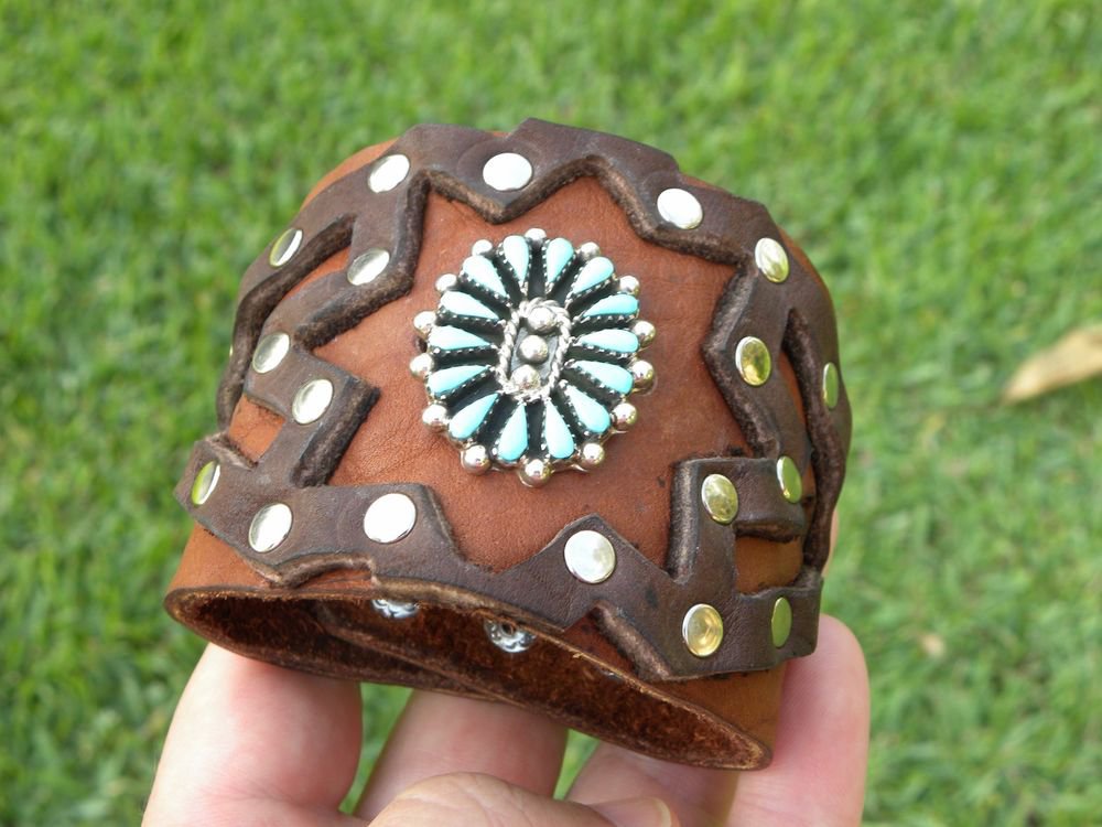 Buffalo Leather Ketoh Bracelet silver turquoise signed B Yazzie Navajo Indian