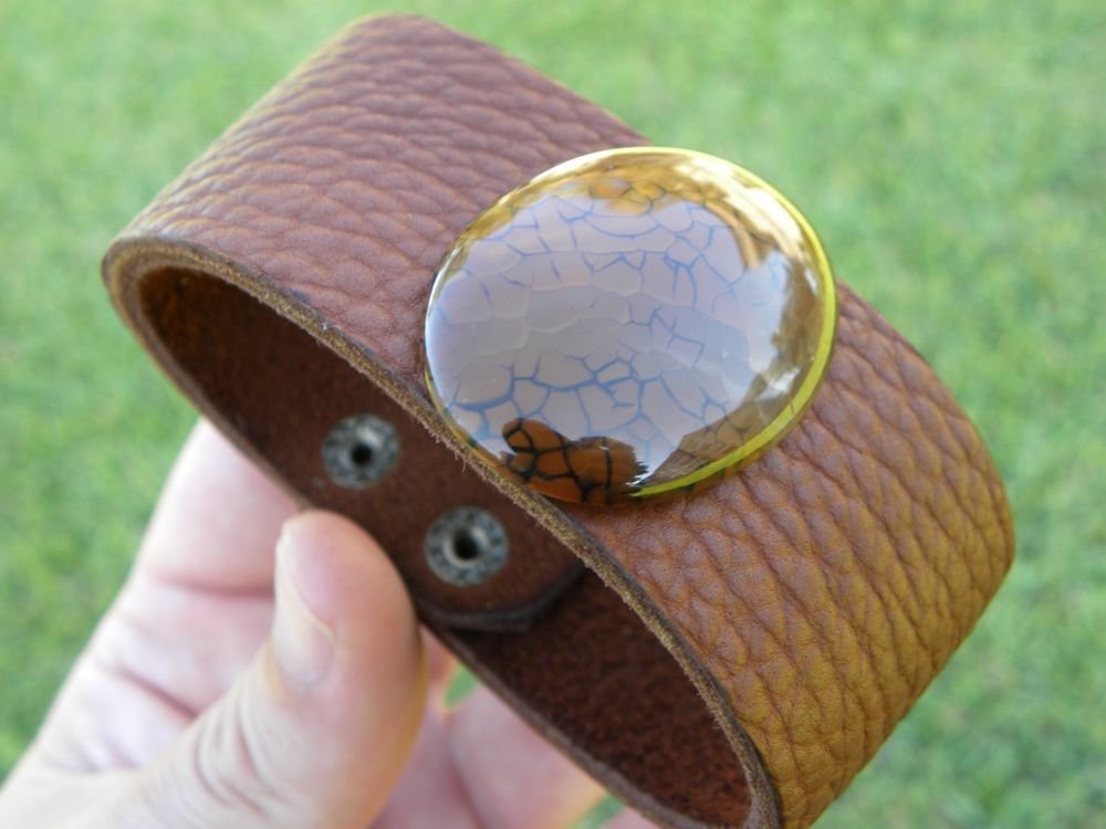 Natural Agate Stone Fine cuff Bracelet Handmade Genuine Buffalo Leather signed