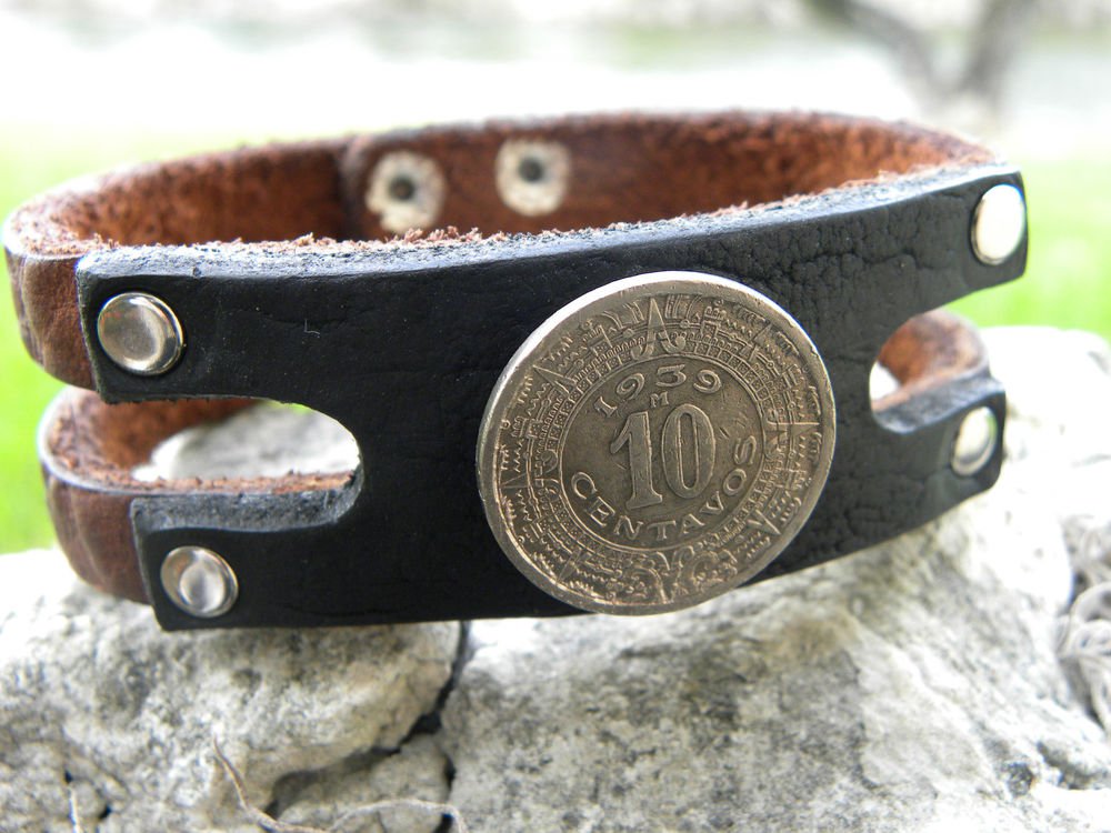 Handmade leather Cuff Bracelet Buffalo Leather wristband Aztec Calendar cool