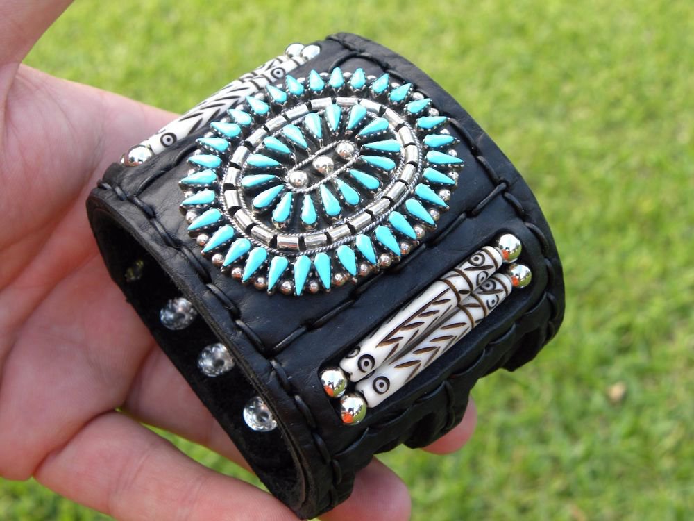 Authentic Indian Bracelet Buffalo leather silver turquoise signed B Yazzie