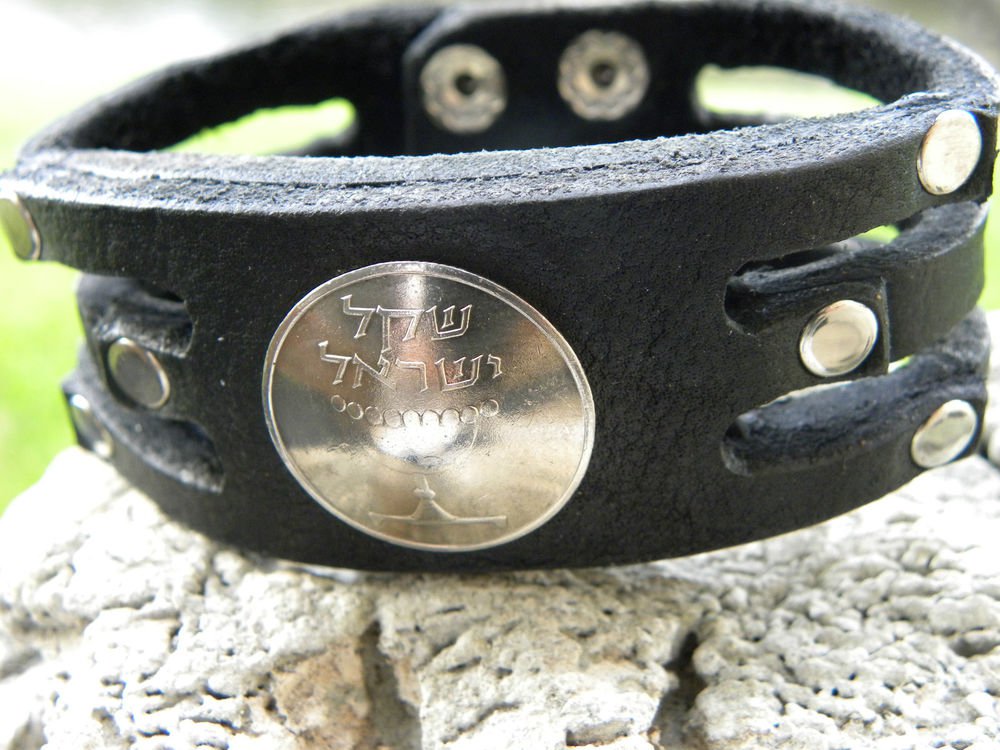 Real Israel Coin Handmade Genuine Buffalo Leather Jewish Bracelet