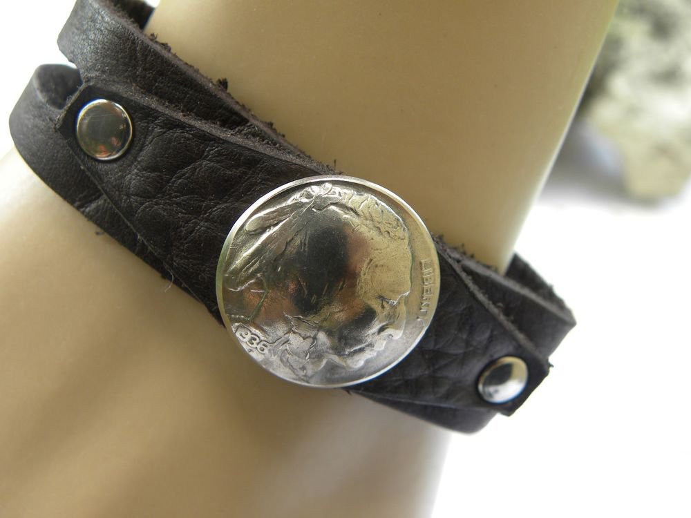 Handmade Cuff Bracelet Genuine Bison leather wristband Buffalo Indian Nickel