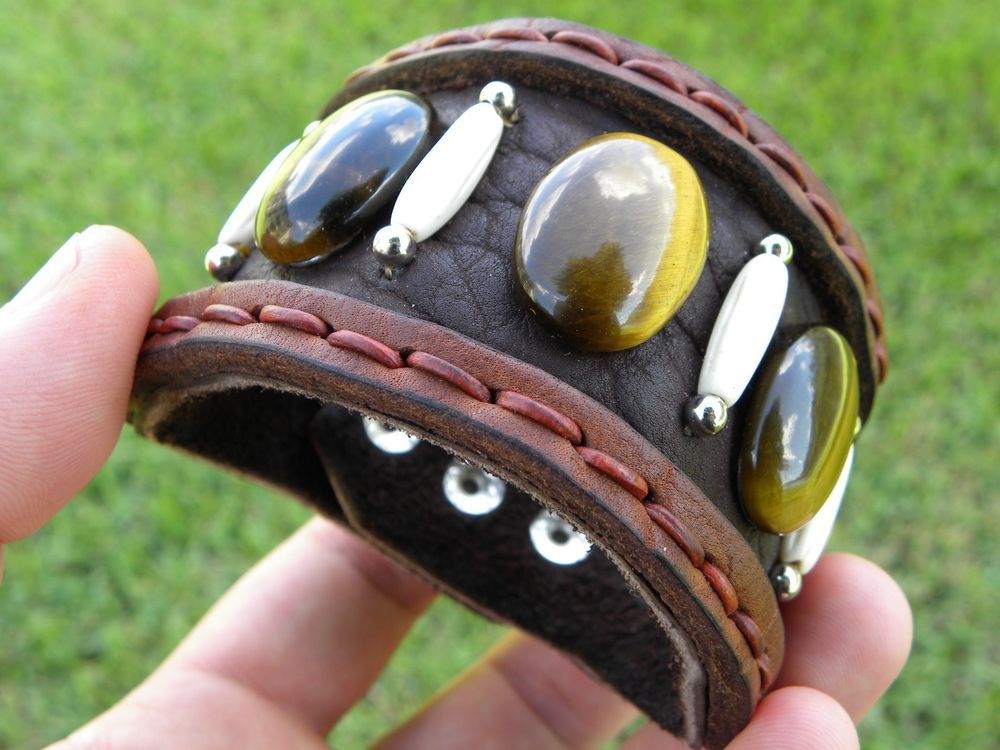Cuff Bracelet Genuine Buffalo Leather & Stone Handmade Adjustable Indian style