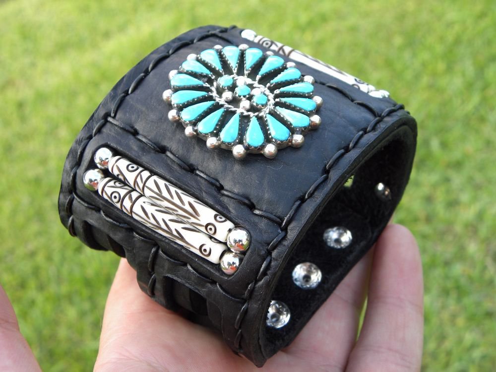 Authentic Indian Ketoh Bracelet Buffalo leather silver turquoise signed B Yazzie