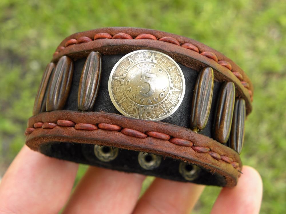 Signed Bracelet Buffalo Leather wristband 5 centavos Aztec calendar Mexican