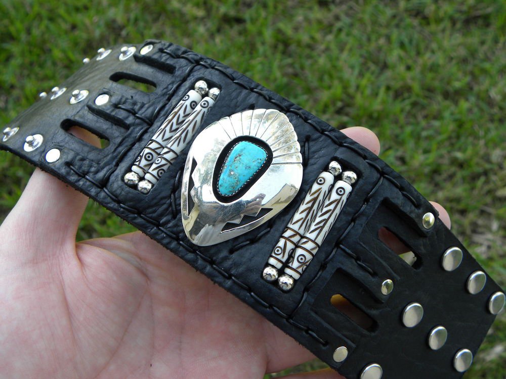 Authentic Leather handcrafted Bracelet Turquoise signed Navajo Indian John White