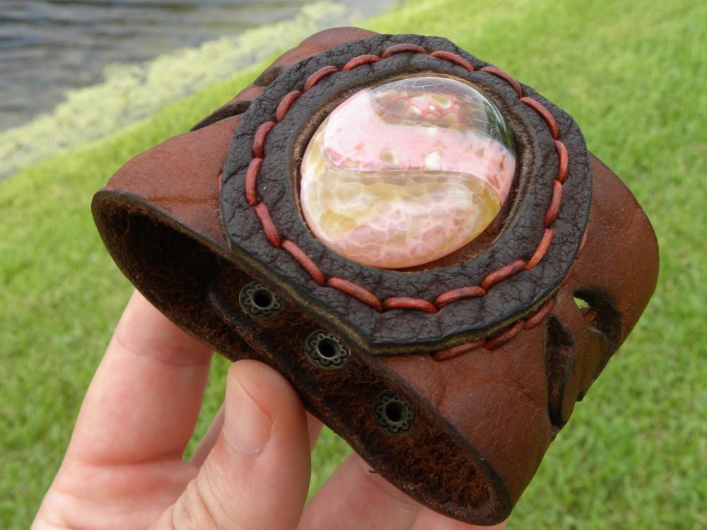 Handmade Adjustable cuff Natural agate stone Bracelet Buffalo Leather cuff