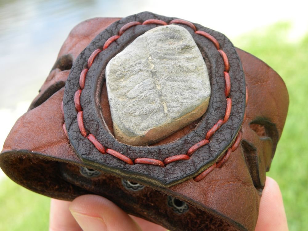 Fossil Stone cuff handmade Bracelet Genuine Buffalo Leather customize mixed meta