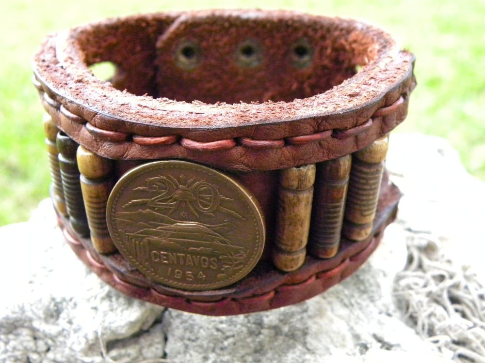 Customize USA Bracelet Bison Leather Aztec Pyramid Bone Aztec Style cuff