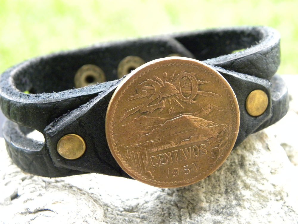 Aztec Pyramid Coin handmade cuff Bracelet Buffalo leather mixed metals signed