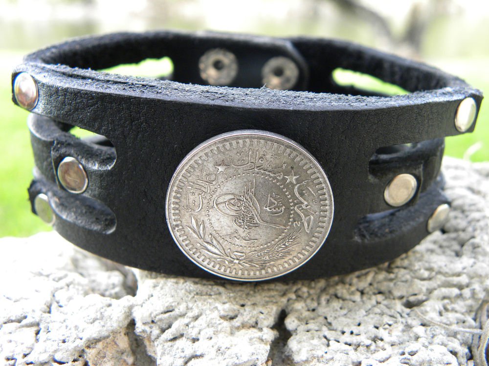 Handmade Bracelet Buffalo Leather 1911 Turkey Ottoman Empire Toughra Coin