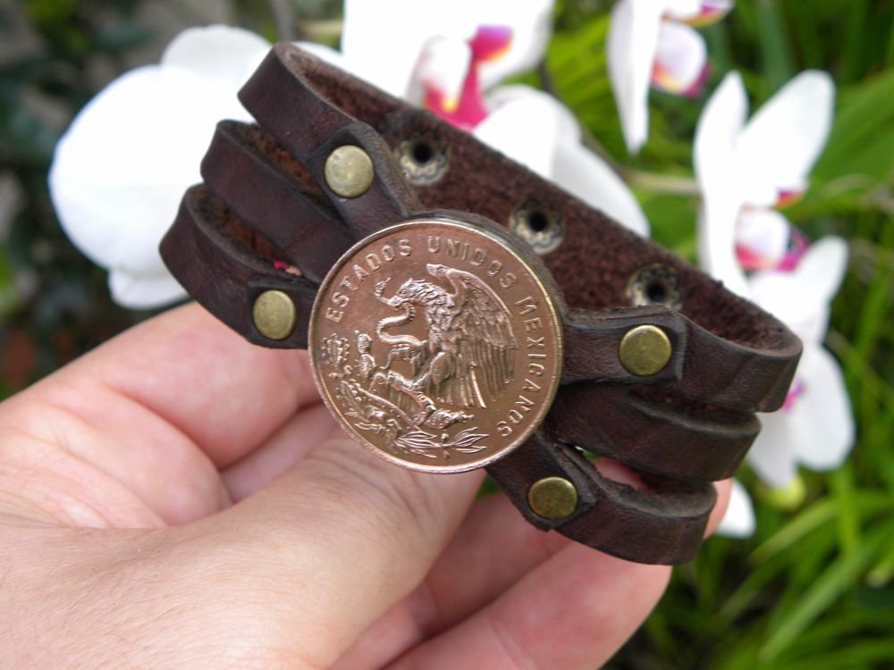 Signed Bracelet Buffalo Leather wristband 20 Centavos Aztec Eagle Mexican coin