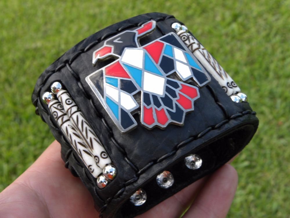 Authentic Bracelet Native American Navajo Handmade Thunderbird Bison leather