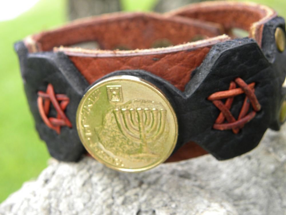 Customize Memorah Jewish cuff Bracelet Genuine Buffalo Leather Israel coin