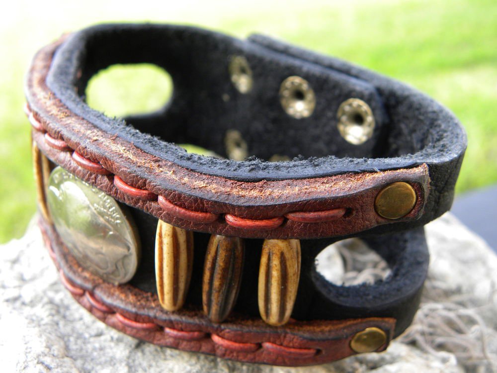 Handmade Bracelet Buffalo Leather wristband Indian Nickel bone tied w sinew.