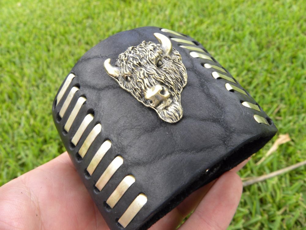 Handmade signed Bracelet Buffalo Leather bones Bison Head Native Indian style