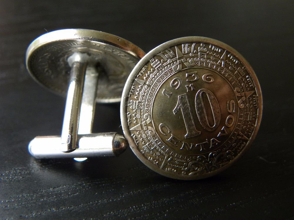Handmade Cufflinks 1936 to 1946 Real Aztec Calendar coins 10 centavos Mexican