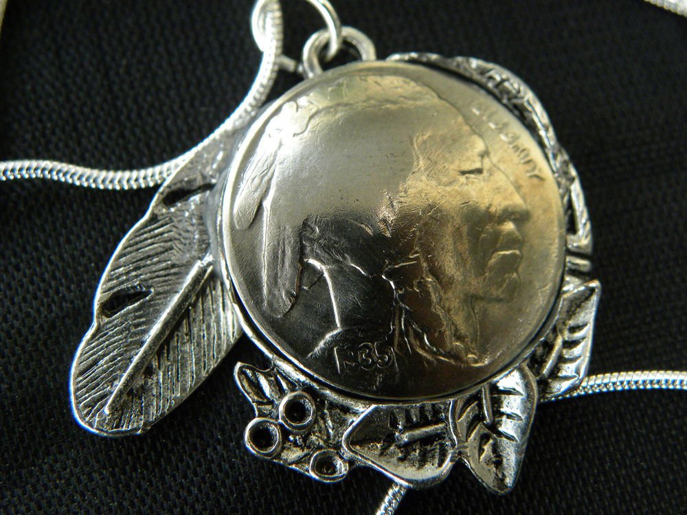 Authentic Buffalo Indian Head Nickel coin handmade necklace silver chain
