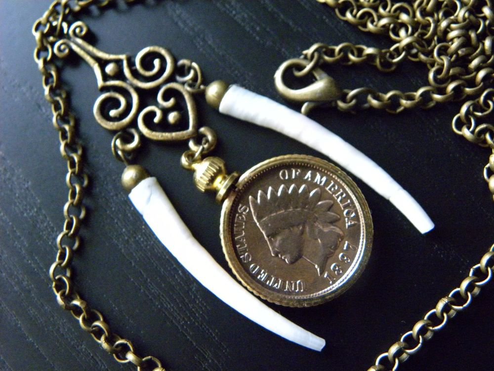 Handmade necklaces Dentalium good luck shells authentic Indian Head penny coins