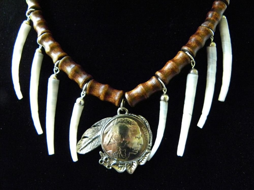 Necklace Real Buffalo Indian Head Nickel coin handmade dentalium shell choker