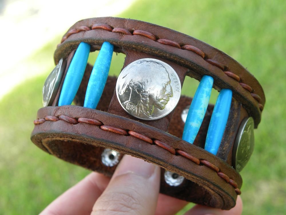 Handmade Rockstar cuff wristband Indian coin Turquoise Navajo native style ketoh