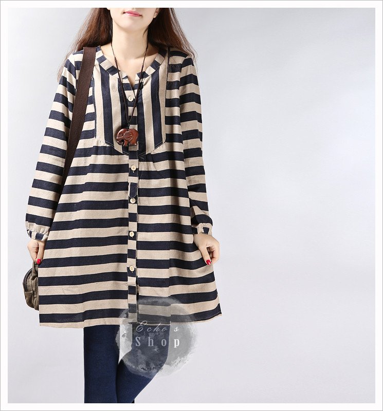 Casual Loose Linen Top Linen Dress Long Sleeve Cotton Dress Tunic Dress