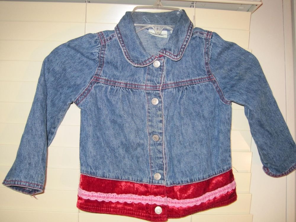 Girl's Cherokee Blue Denim Jean Jacket Size 4 Toddler 4T Red Lace Trim