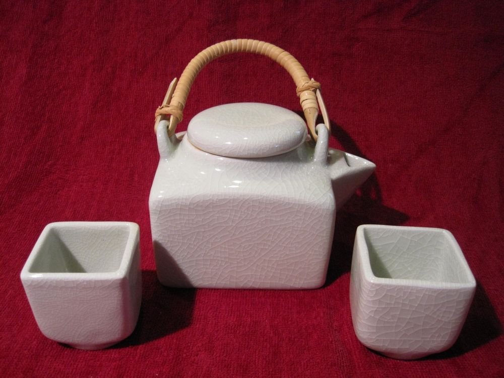 Tea Set Green Celadon Crackle Ceramic Square Thai Silk Gift Box Teapot Cup 3 Pcs