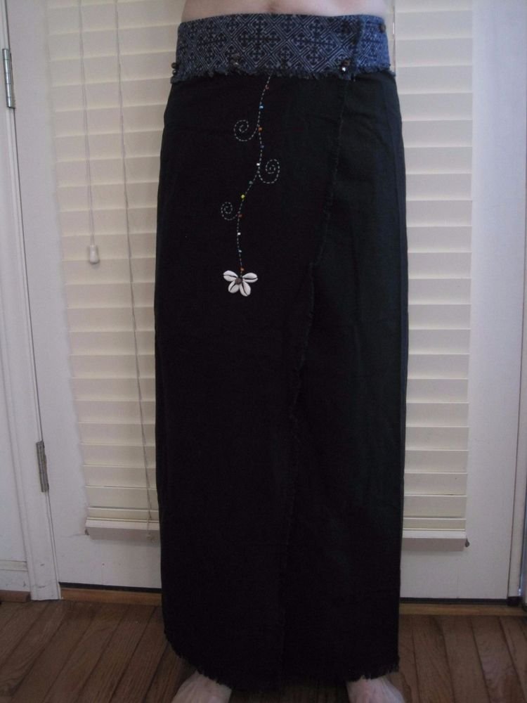 Thai Cotton Wrap Skirt Black/Navy Blue Cowrie Shell Art 100% Cotton USA Seller