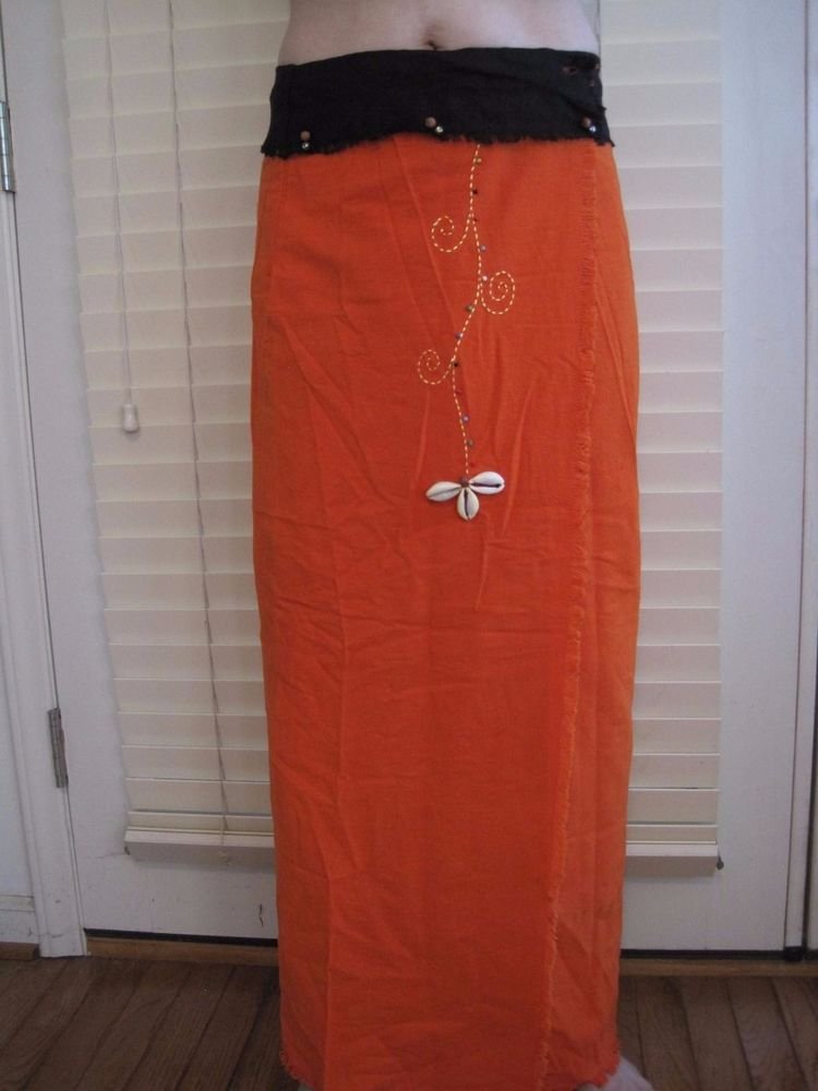 Thai Cotton Wrap Skirt Orange/Black Cowrie Shell Art 100% Cotton USA Seller