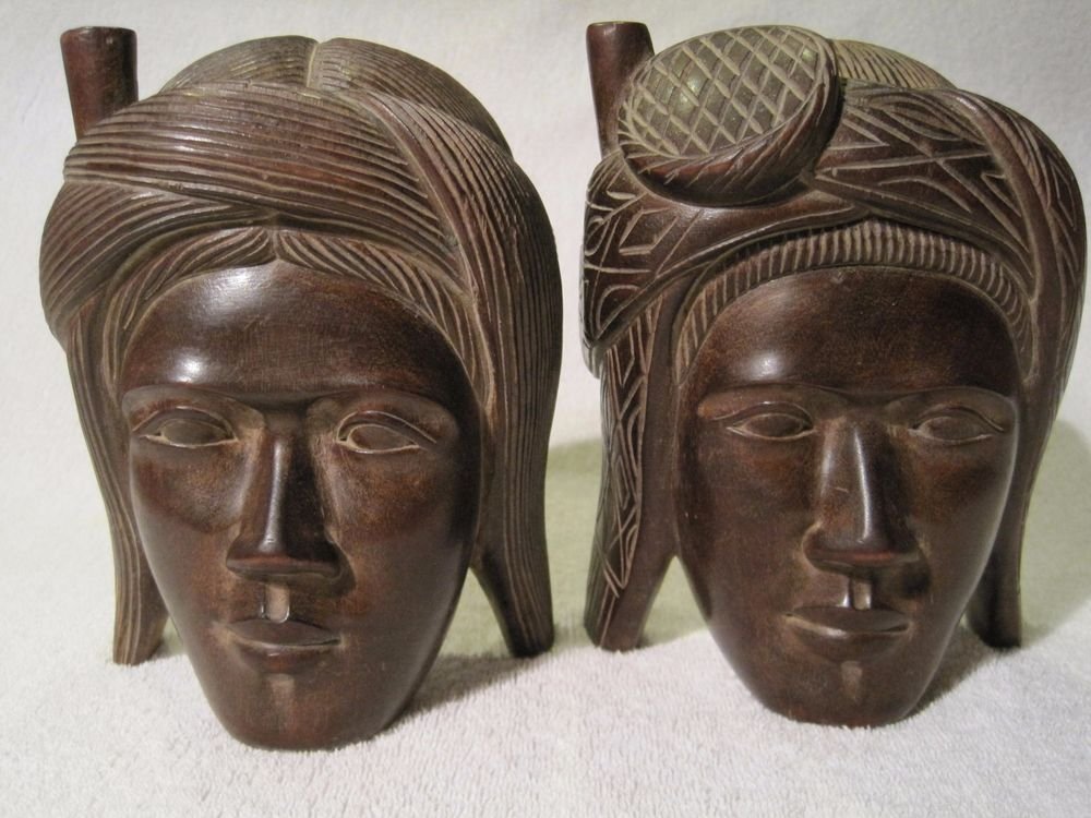 Vintage Native Aboriginal Indian Head Bust Carved Wood Bookends Asian Tribal