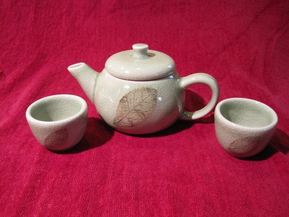 Tea Set Green Celadon Crackle Ceramic Thai Silk Gift Box Teapot Cup 3 Pcs