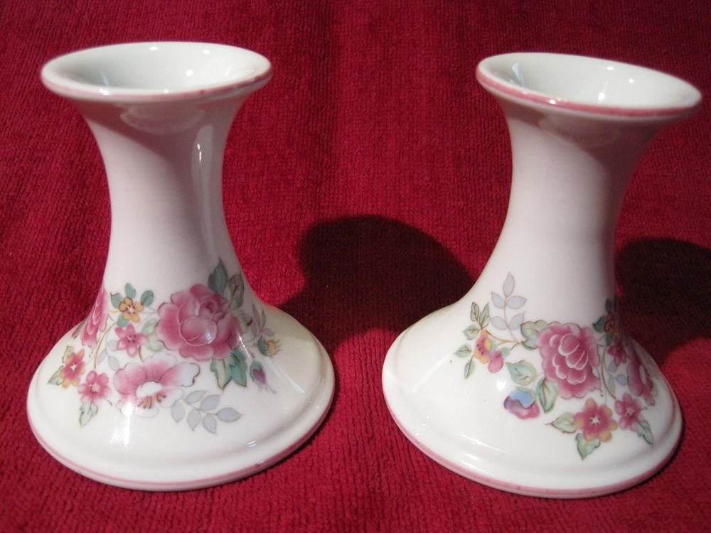 Lot 2 Elizabeth Arden Japan White Pink Floral Candlestick Candle Holder