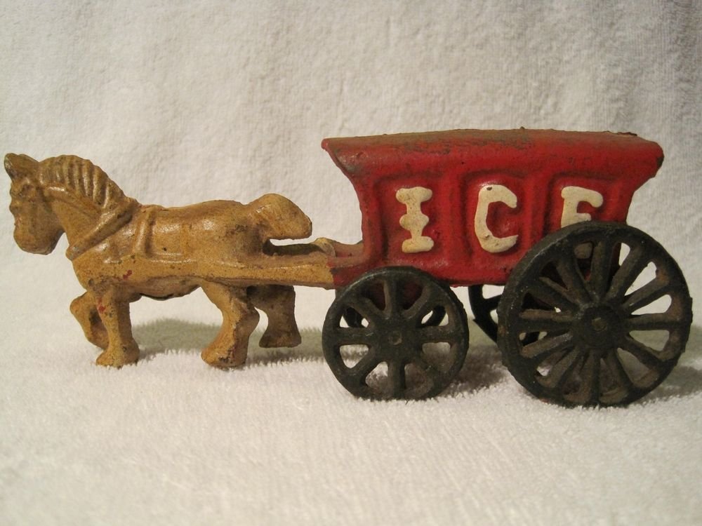 Vintage Cast Iron Tan Horse Pulling Red Ice Cart Wagon Stage Coach Black Wheels